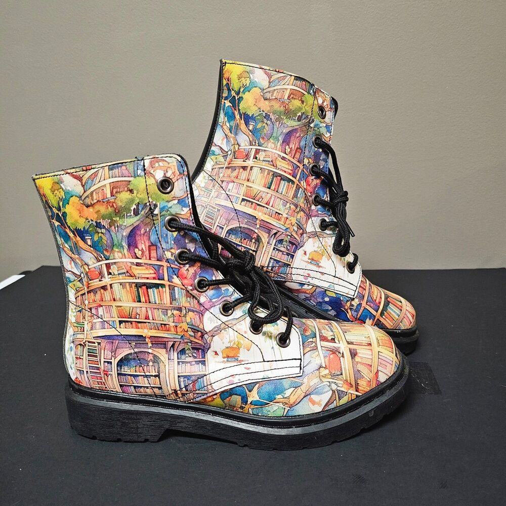 Offbeat Sweetie Library Lace Up Combat Boots Bookcase Unisex 7M 8.5W 40